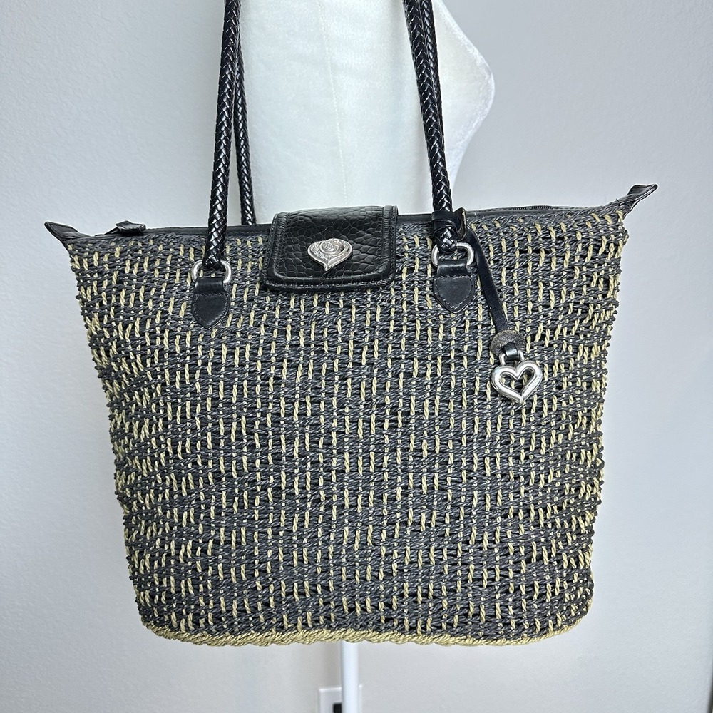 Brighton Woven wicker Straw Tote Shoulder Bag Black Brown Leather‎ XL Large - Picture 2 of 12